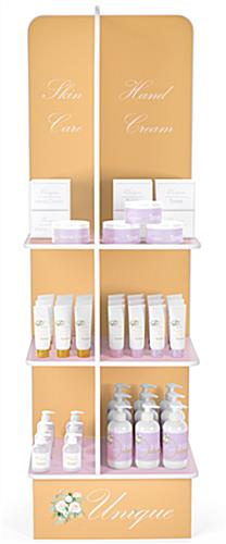 Skincare products displayed on the six shelves of the custom printed budget-friendly shelving display