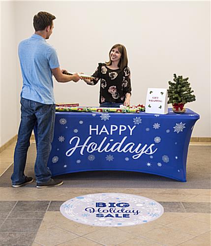 6' spandex tablecloth with holiday message with 4 sided coverage