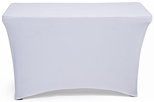 White fitted spandex table covers with back zipper
