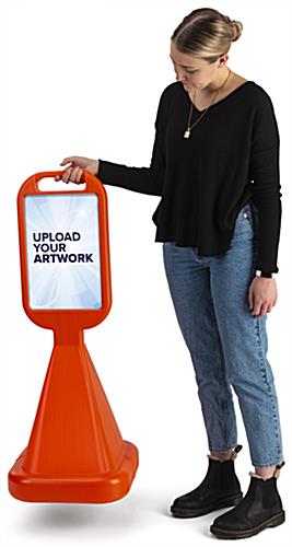 Traffic cone sidewalk sign with built-in handle on top