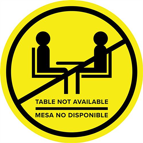 Yellow bilingual social distancing table decal with non-skid vinyl 