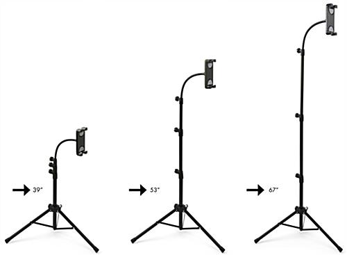Gooseneck tripod tablet floor stand ranges in height from 39 - 67 inches 