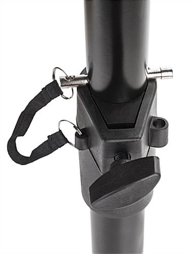 Metal security pin and tool-free knobs on TV tripod mount 