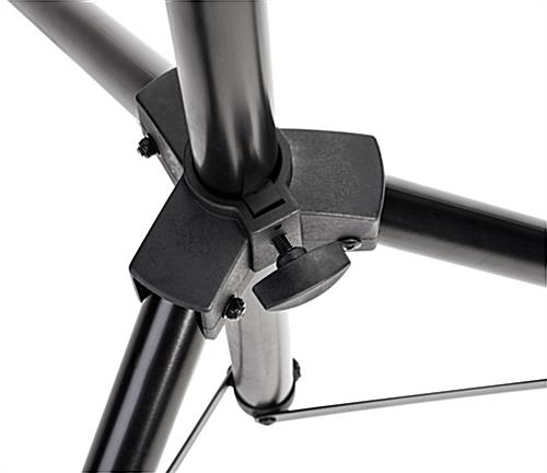 Tool-free height adjustment knob on portable TV stand with tripod legs 