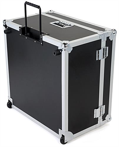 Trade show floor tile carrying case upright on wheels