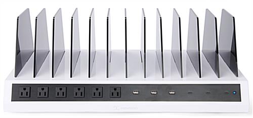 Tabletop charging station with 6-AC, 3-USB-A, and 3-USB-C outlets