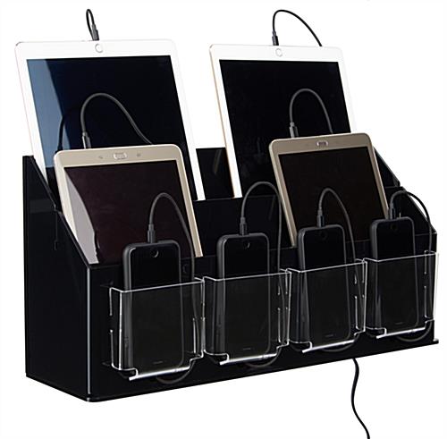 Black multi device charging station organizer with Type C and Lightening charging cables