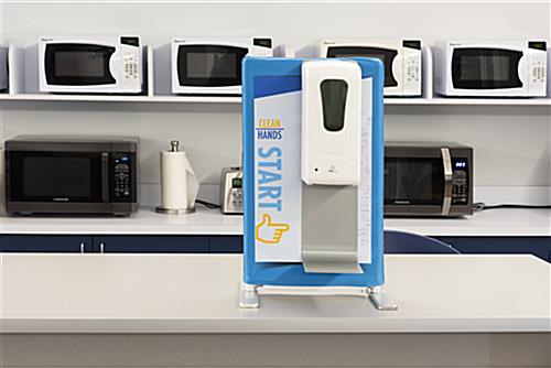 Mounted table banner sanitizer station in common areas like break rooms and offices