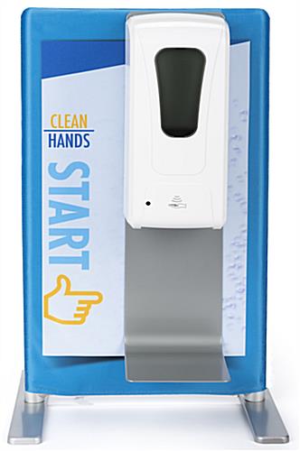 Mounted table banner sanitizer station with "clean hands start here" messaging