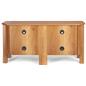 49-inch wooden TV entertainment center with covered holes for cables