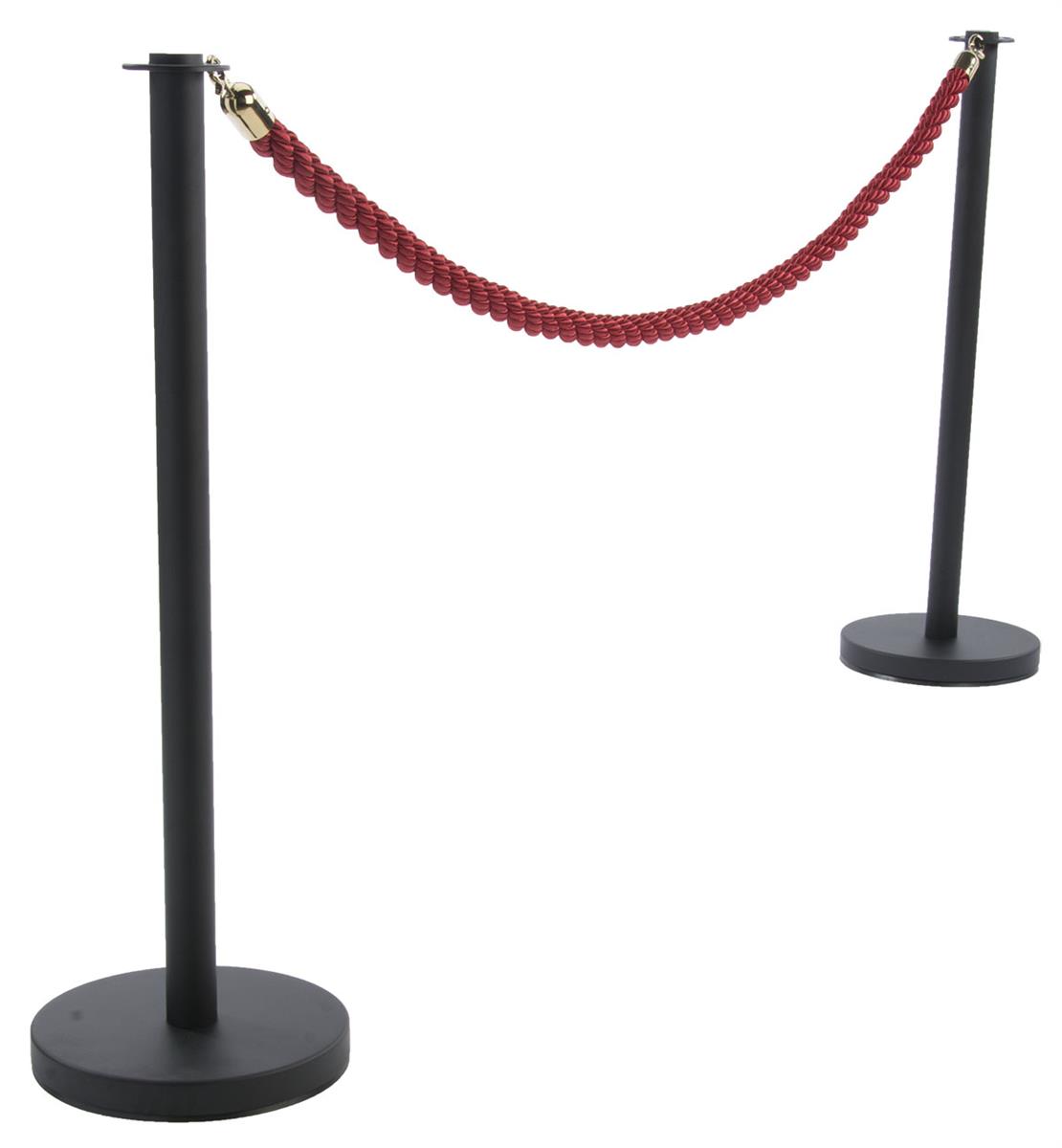 QueuePole Round (2) Black Stanchions w/ 6.5' Braided Red Rope & Brass Clasps