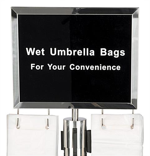 Wet umbrella silver stanchion sign holder with hooks for 2 sets of bags