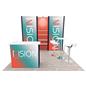 1014 10’ x 10’ Hybrid Trade Show Booth with two small backwalls connected by set back shelving with a podium and high table and chairs in front