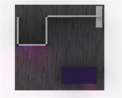 1016 10’ x 10’ Gravitee™ rental booth floor plan as seen from above, showing backlit small backwall and backlit podium as well as a larger backwall that is not lit