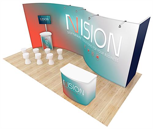 2009 20’ x 10’ Modular Inline Exhibit Trade Show Booth with 3D curved backwall holding LED stem lights on the top of it seen from the right. In front of it are a locking podium with white countertop and a smaller counter holding a monitor.