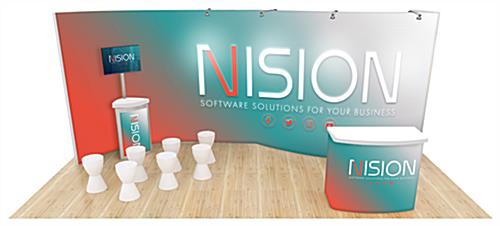 Front view of the 2009 20’ x 10’ Modular Inline Exhibit Trade Show Booth with curved backwall with a locking podium and a small counter holding a monitor in front.