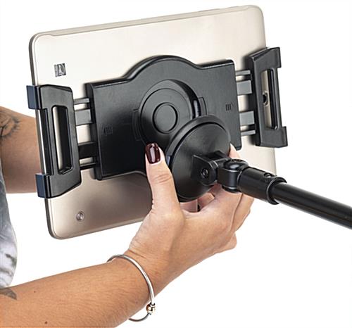 L-arm adjustable tablet holder with wheels features an adjustable spring bracket enclosure 