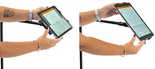 L-arm adjustable tablet holder with wheels and horizonal to vertical display 