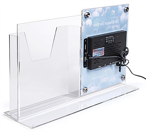Countertop digital sign display with magazine holder in clear acrylic with steel hardware