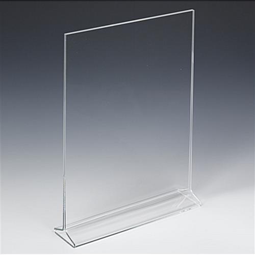 Recycled acrylic tabletop sign holders with convenient top loading for swift graphic changes