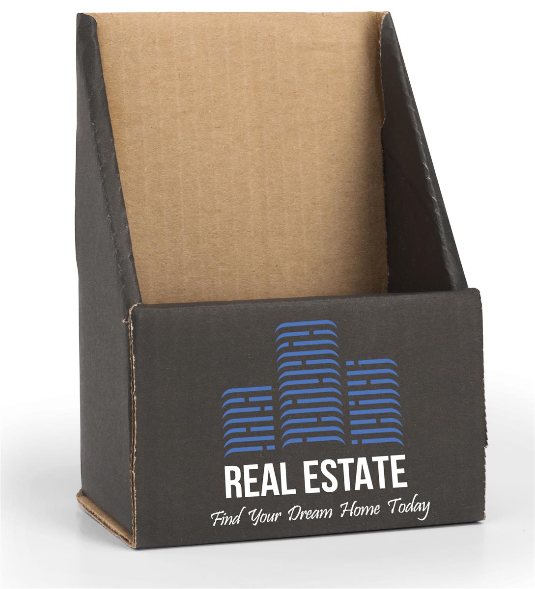 Black custom cardboard pamphlet holders with overall dimensions of 4 inches wide by nine inches tall