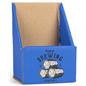 Blue custom cardboard pamphlet holders with overall measurements on 4" W x 9" H