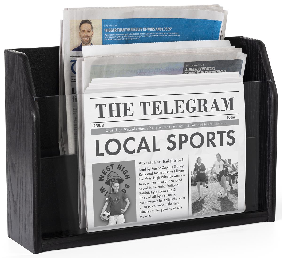 Tiered Wooden Newspaper Rack Black Finish Oak Wood