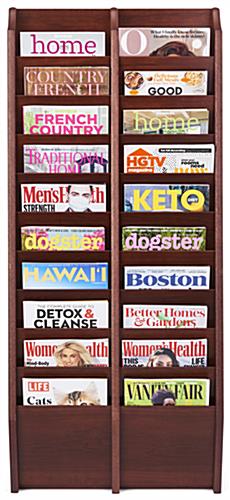 Wooden multi tiered magazine rack for wall display 