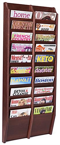 Mahogany multi tiered magazine rack for wall display 