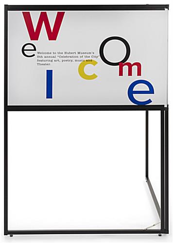 Free standing corner sign frame includes two personalized panes with landscape orientation