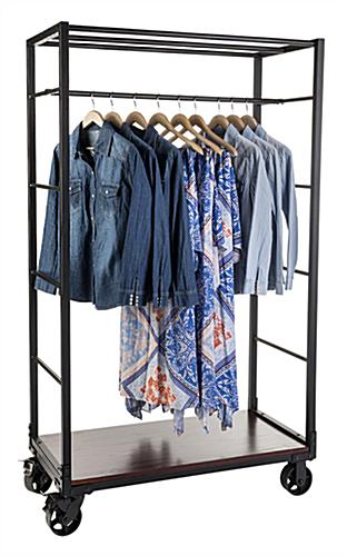 Industrial wheeled garment display rack with heavy duty casters