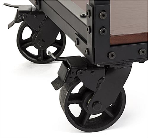 Cast iron wheel mobile industrial retail dual shelf armoire rack