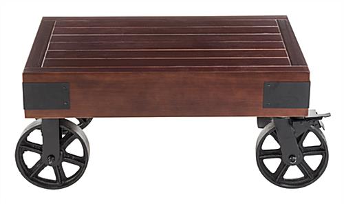Heavy duty casters on an industrial style low wheeled table 