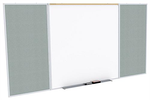 Whiteboard with tack board includes markers and an eraser 