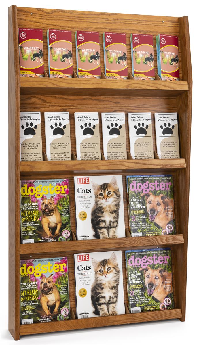 4-tier wood magazine shelving with medium oak finish
