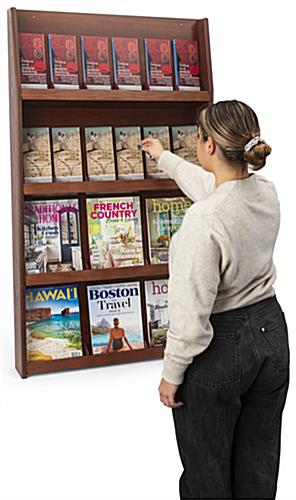 Wall mount magazine shelves hold catalogs and brochures