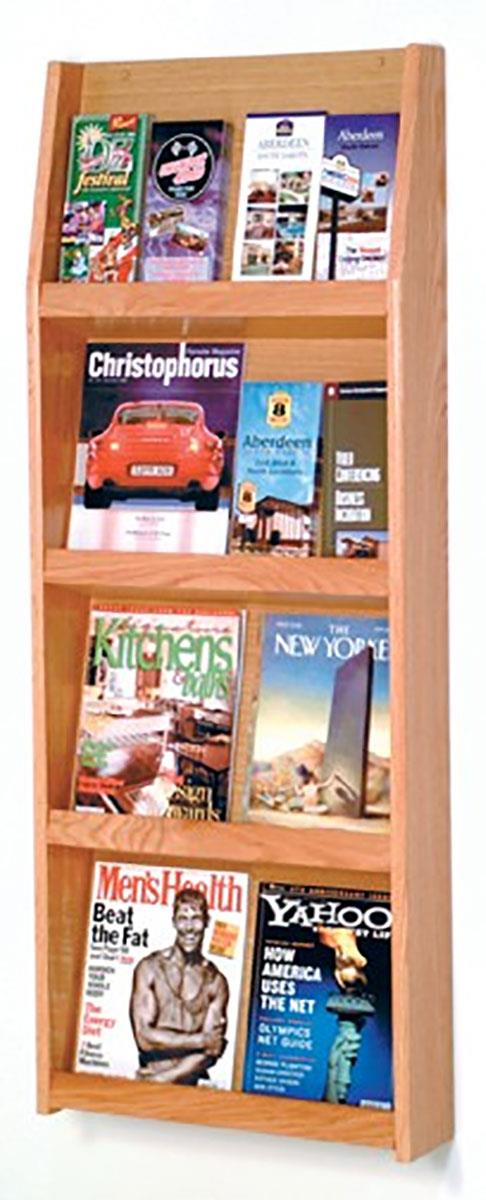 Light oak magazine literature holder for wall with 4 narrow tiers