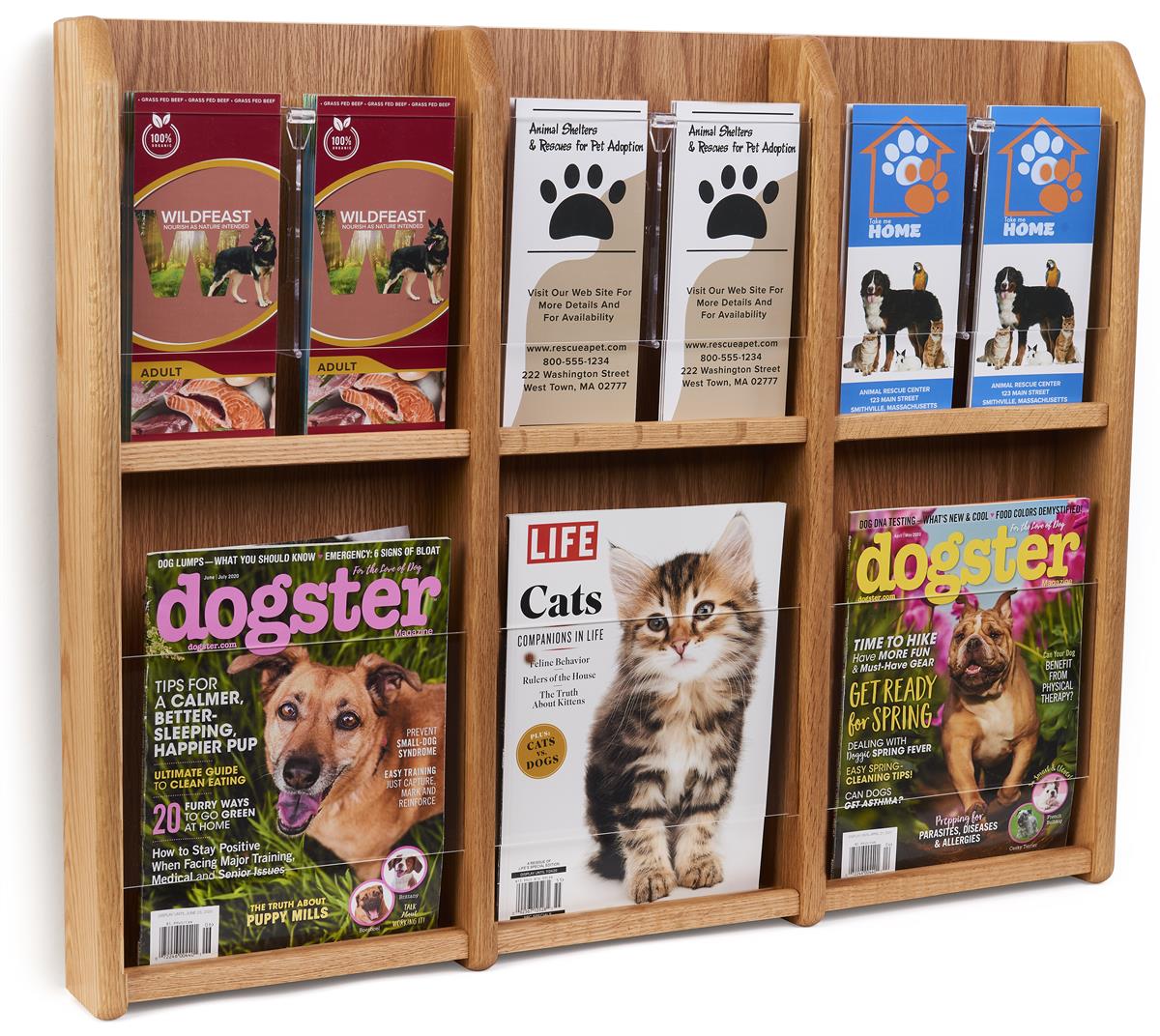 Hanging Magazine Rack with Adjustable Pockets |Light Oak Finish